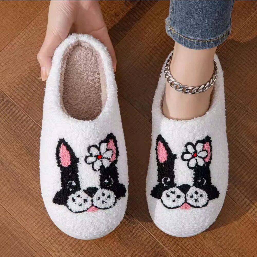 Cute Girl Frenchie French Bulldog Cushioned Fleece Slippers Women's Size 6-10